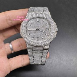 Populaire heren ijskoud diamanten horloge roestvrijstalen kast 40 mm zirkoonstenen kijken automatisch glanzende polshorloge