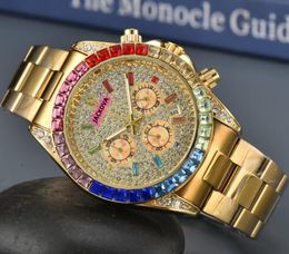 Populaire herenhorloges, volledig uitgeruste kleur diamanten ring, stralende sterrenwijzer, dagdatum, chronograaf, quartz uurwerk, metaal, goede kwaliteit, cool horloge, cadeaus
