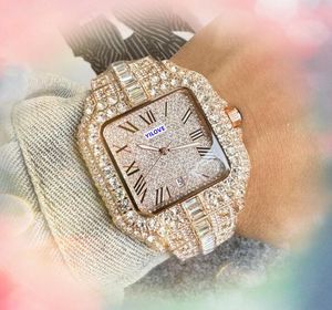 Populaire heren grote wijzerplaat horloges automatische datum kwarts batterij kern tijd klok glanzende sterren diamanten ring goed ijsje uit hiphop vierkant Romeinse tank horloge montre de luxe