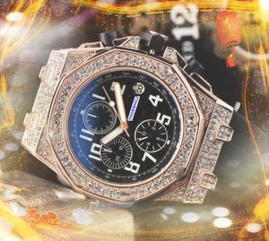 Populaire heren volle functie quarz chronograaf horloges stopwatch zwarte groene rubberen rubberen klok diamanten ring president sportketen armband horloge cadeaus