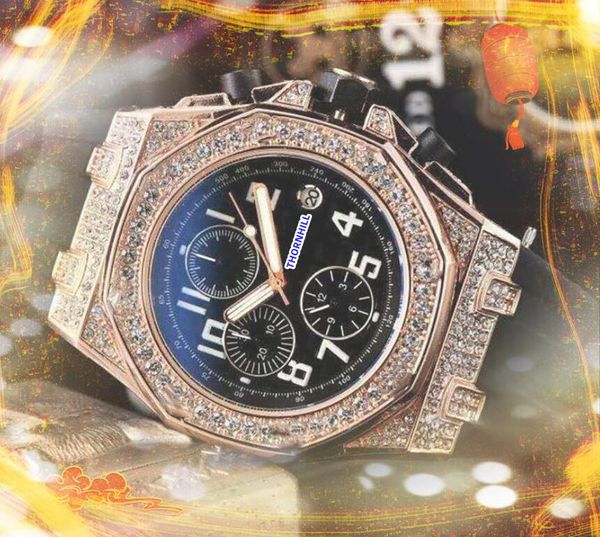Mentilles populaires Full Fonction Quarz Chronograph Watches Stophatch Black Green Rubber Strap Corloge Diamonds Anneau Président Bracelet Sports Bracelet Cadeaux