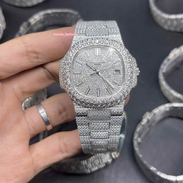 Popular Mens Iced Diamonds Watches Big Diamond Bisel Watch Silver Diamond Face Full Diamond Strap Mechanical Muñeca de pulsera