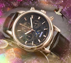 Montres populaires pour hommes, cadran squelette, étoile de lune, chronomètre, ceinture en cuir, mouvement à quartz, chronographe, étui à fleurs gravé, tout le bracelet de chronométrage du crime