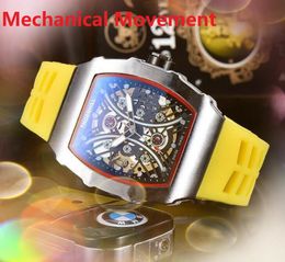 Populaire heren skelet wijzerplaat horloge stopwatch 43 mm zelf kronkelende automatische mechanische beweging piloot rubber riem sporttijd kloktafel polshorloge reloj montre