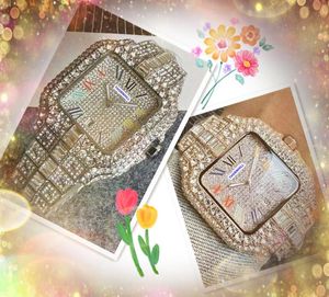 Popular Mens Square Face Quarz Chronograph Watches Band en acier inoxydable Clock Diamonds Ring Président Set Auger Racing Chain Bracelet Watch Gifts