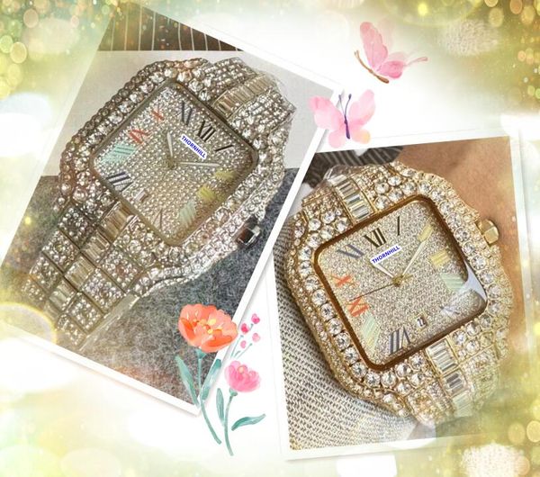 Popular Mens Square Face Quarz Chronograph Watches Band en acier inoxydable Clock Diamonds Ring Président Set Auger Racing Gift Mâle Cadeaux Malles de bracelet