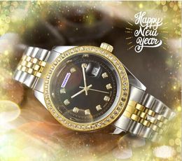 Popular Mens Unisex Watches Día de mujeres Reloj Movimiento de cuarzo Cronógrafo Diamantes Anillo Dot Hour Calendario Presidente de la cadena Pulsera Montre de Luxe