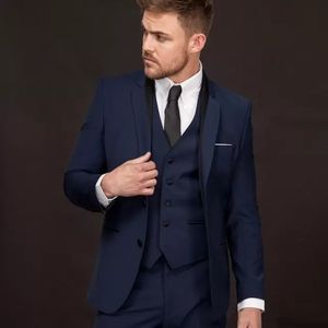 Tuxedos de marié bleu marine populaires à deux boutons pour hommes, robe de mariée, excellente veste pour homme, blazer, costume 3 pièces (veste + pantalon + gilet + cravate) 714