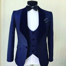 Popular Navy Blue Jacquard Men de mariage Tuxedos Châle Revers Groom Tuxedos Men Dîner Darty Robe 3 Pieds Pantalon Suitjacket Gest 2223