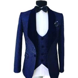 Populaire bleu marine Jacquard hommes mariage Tuxedos châle revers marié smoking hommes dîner Darty robe 3 pièces costume veste pantalon Vest262L