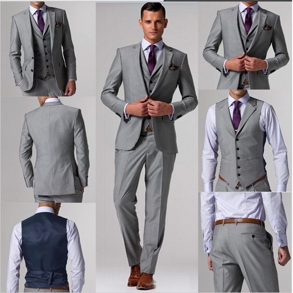 Brand New Light Grey Men Wedding Dress Notch Lapel Slim Fit Groom Tuxedos Popular Dinner/Darty Dress 3 Piece Suit Jacket Pants Tie Vest 060