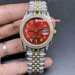 Reloj de pulsera Popular de Hip Hop para hombre, esfera roja, escala árabe, correa bi-dorada, relojes de diamantes mecánicos completamente automáticos 2277