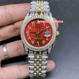Reloj de pulsera Popular de Hip Hop para hombre, esfera roja, escala árabe, correa bi-dorada, relojes mecánicos completamente automáticos con diamantes, 3188