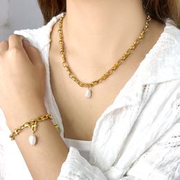 Collar de cadena con colgante de perlas popular, pulsera hecha a mano de acero inoxidable, joyería de estilo palacio de moda de oro de 18 quilates para mujer, Comercio exterior