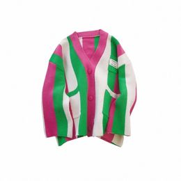 Populaire rose vert rayé couleur bloc tricoté cardigan lâche sororité grecque un signe club pull manteau pour fille femmes q4BZ #