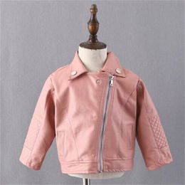 Popular chaqueta de cuero Premium con cuello de solapa de Pu para niñas y niños, ropa para niños, abrigo de cuero para bebés, corto, negro, rosa y negro