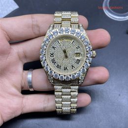 Montre à diamant pour hommes, ensemble de broches populaires, taille 43mm, cadran en diamant doré, bracelet en acier inoxydable doré, bracelet mécanique automatique 259N