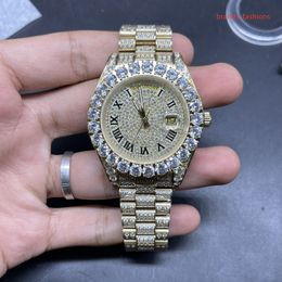 Populaire Prong Set diamanten herenhorloge maat 43 mm goud diamanten gezicht goud roestvrijstalen band horloge automatisch mechanisch pols241M