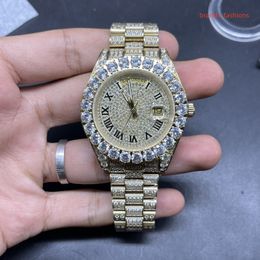 Populaire Prong Set diamanten herenhorloge maat 43 mm goud diamanten gezicht goud roestvrijstalen band horloge automatisch mechanisch pols260g