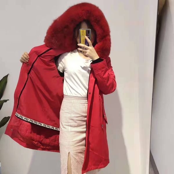 Populares abrigos de nieve de piel de zorro rojo para mujer de la marca Mukla, piel de conejo roja con forro de nailon, parka larga de lona roja
