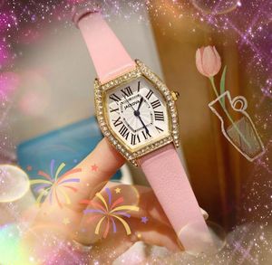 Popular esfera romana reloj para mujer anillo de diamantes bisel Sapphire Cystal Ladies cinturón de cuero simpe tonneau forma rosa oro plata reloj de pulsera montre de luxe regalos