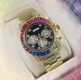 Populaire verkopen Fashion damesheren horloges zakelijk Casual klok Japan Quartz Movement volledige roestvrijstalen dag datum kleurrijke diamanten ringpresident Watch