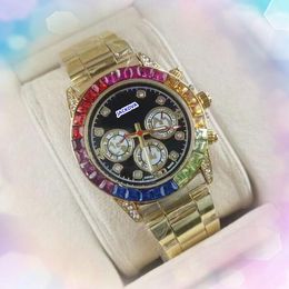 Populaire verkopen militaire mannen vrouwen unisex horloges zakelijke vrije tijd roestvrijstalen klokken kwarts automatische dag datum tijdketen kleurrijke diamanten ring horloge cadeaus