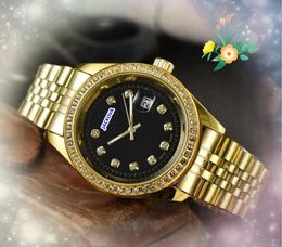 Populair verkopen unisex Day Date Time Week Bekijk alle Crime Crystal Diamonds Ring Dot Bezel Men Watches Women Quartz Battery Ladies President Chain armband Watch