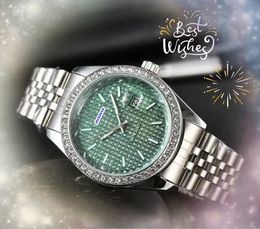 Populaire verkoop unisex dag datumweek Bekijk drie stiches kristallen diamanten ring dot bezel mannen klok dames kwarts batterij dames president keten armband horloges