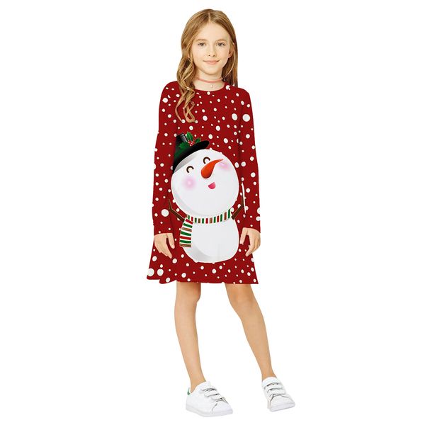 Robe de noël bonhomme de neige populaire pour filles, impression numérique, manches longues, col rond, mode européenne et américaine, vêtements pour enfants