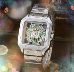 Populaire vierkante holle skelet wijzerplaat automatische datum herenhorloges luxe mode heren premium roestvrijstalen band quartz uurwerk klok montre de luxe horlogegeschenken