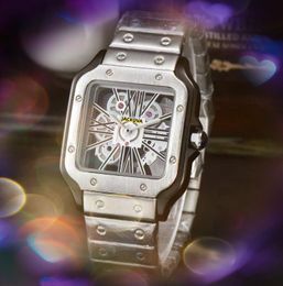 Populaire vierkante holle skelet wijzerplaat automatische datum herenhorloges luxe mode heren premium roestvrijstalen band quartz uurwerk klok twee pinnen polshorloge geschenken