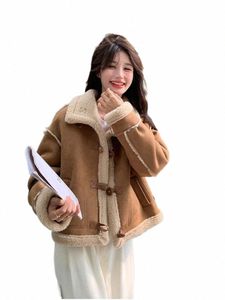 Manteau de laine d'agneau à col montant populaire pour les femmes d'hiver coupe-vent chaud coréen nouvelle veste de fourrure ample épaissie w3ly #