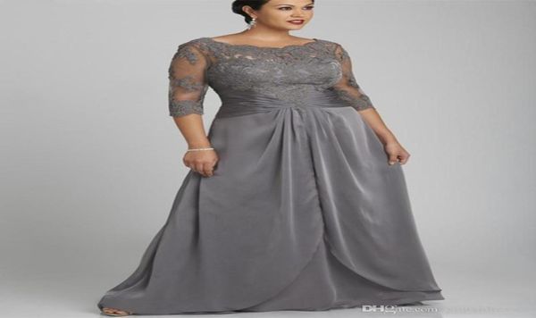 Estilo popular Tallas grandes Vestido gris para madre de la novia con manga 34 Cuello redondo Gasa de encaje Hasta el suelo Vestidos formales Custom2854287