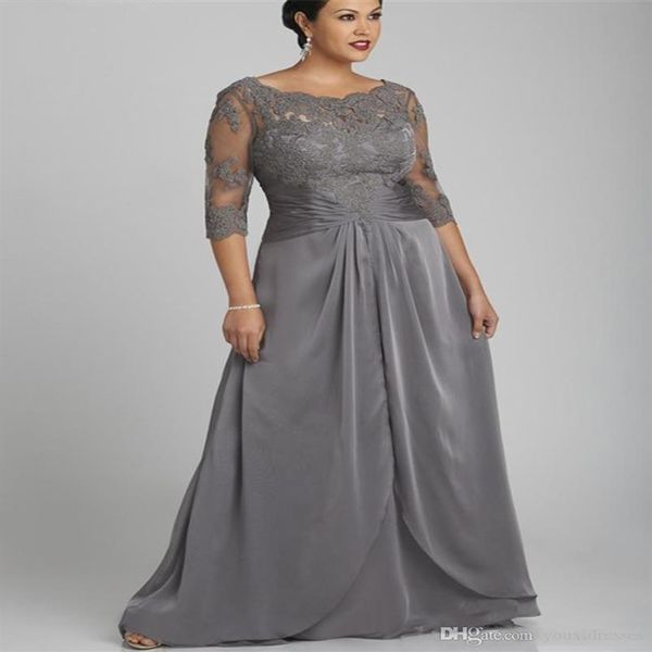 Vestido de madre de la novia gris de talla grande de estilo popular con 3/4 manga cuello redondo encaje gasa hasta el suelo vestidos formales Custom232h