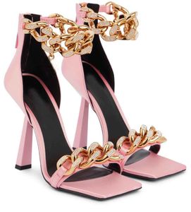 Populaire zomer Meduss-ketting Satijnen sandalen schoenen kristal vrouwen hoge hakken feestjurk jurk sexy lady gladiator sandalias met doos EU35-43