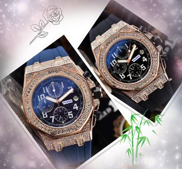 Popular Super Fashion Men Quartz Watch Stophatch Clock Top Brand Diamants Diamonds Anneau étanche à six stiches Black Green Rubber Strance