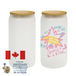 Tendances populaires Tasses en verre de sublimation de 160 oz avec couvercle en bambou Blancs Pots de jus de verre Soda Gobelets en verre dépoli clair US / CA Stocké 0326