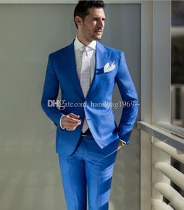 Populaire twee knoppen blauwe bruidegom smoking tuxedos piek revers groomsmen heren past bruiloft / prom / diner blazer (jas + broek + tie) k310