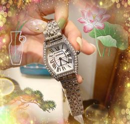 Popular EE. UU. Mujeres de lujo Anillo de diamantes Relojes Tonneau Forma Dial Cuarzo Zafiro Cristal Números romanos mejorados Casual Cool regalos reloj de pulsera Montre Homme