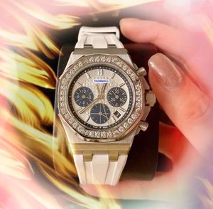 Populaire vrouwen diamanten ring horloges dag date time klok kwarts batterij kern chronograaf zwart wit blauw rubber rubberen ketting armband drie ogen ontwerper kijken cadeaus