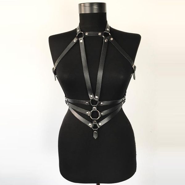 Mujeres populares tiras de cuero Bondage arnés Punk Stud esculpir la cintura cuerpo jaula Sexy ajustable hebilla de cinturón Rock Choker corsé