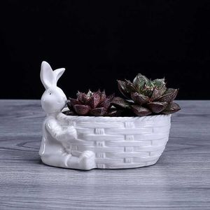 Porcelaine Bunny Figurine Succulent Plante Pot Décoratif Bureau Céramique Lapin Fleur Planteur Jardin Ornement Artisanat Accessoires 210615