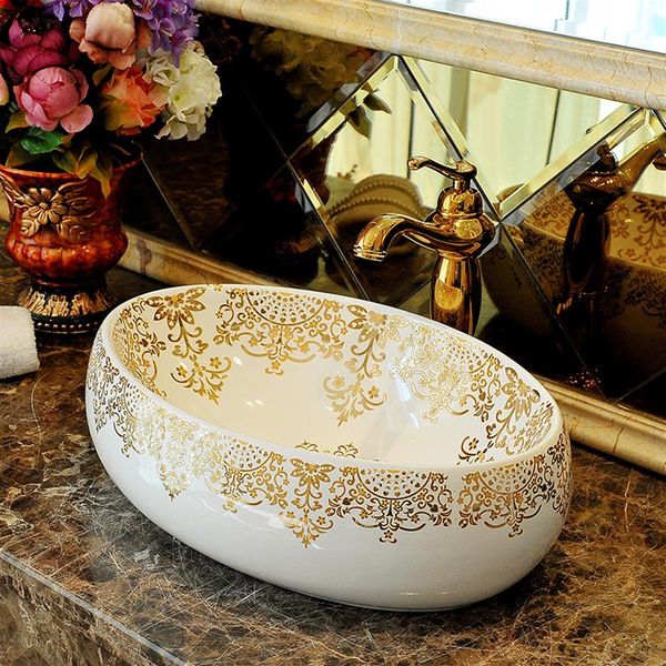 Lavabo de porcelana China, lavabo de cerámica hecho a mano, lavabo de baño con encimera redonda Lavobo, lavabo moderno oval3045