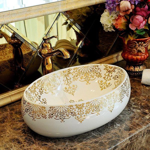 Porcelaine Chine navire évier lavabo en céramique fait à la main Lavobo comptoir rond évier de salle de bain lavabo moderne ovale Lhutj