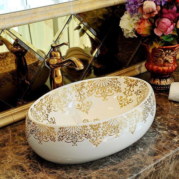 Fregadero de porcelana China, lavabo de cerámica hecho a mano, lavabo de baño de encimera redonda Lavobo, lavabo moderno ovalado Kdfrt