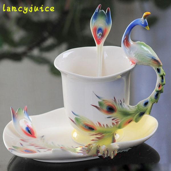 Taza de porcelana de pavo real, taza de café, tazas y platillos de cerámica creativos, juego de leche y té de porcelana europea