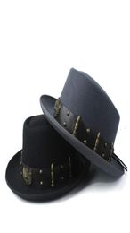 Chapeau de tarte au porc pour hommes et femmes, avec ceinture Punk, en laine, Fedora Trilby, fascinateur, taille 58CM, à large bord, Hats6448448