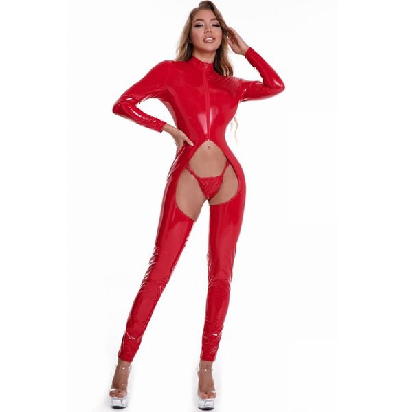 Club porno, Catsuit de piel sintética, monos brillantes de PVC con entrepierna abierta, monos eróticos calados sexis para mujer, monos de látex sin entrepierna 1928012