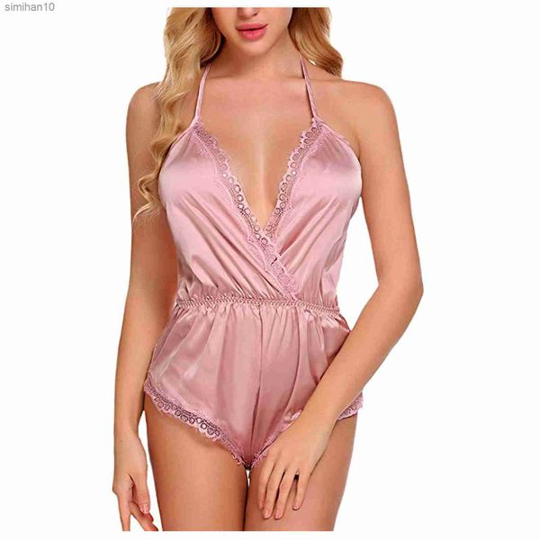 Porno Profundo Escote en V Body Sexy Mujer Satén Seda Ropa interior de encaje Lencería sexy Moda Ropa de dormir Disfraces eróticos Mujer Sex Teddy L230518